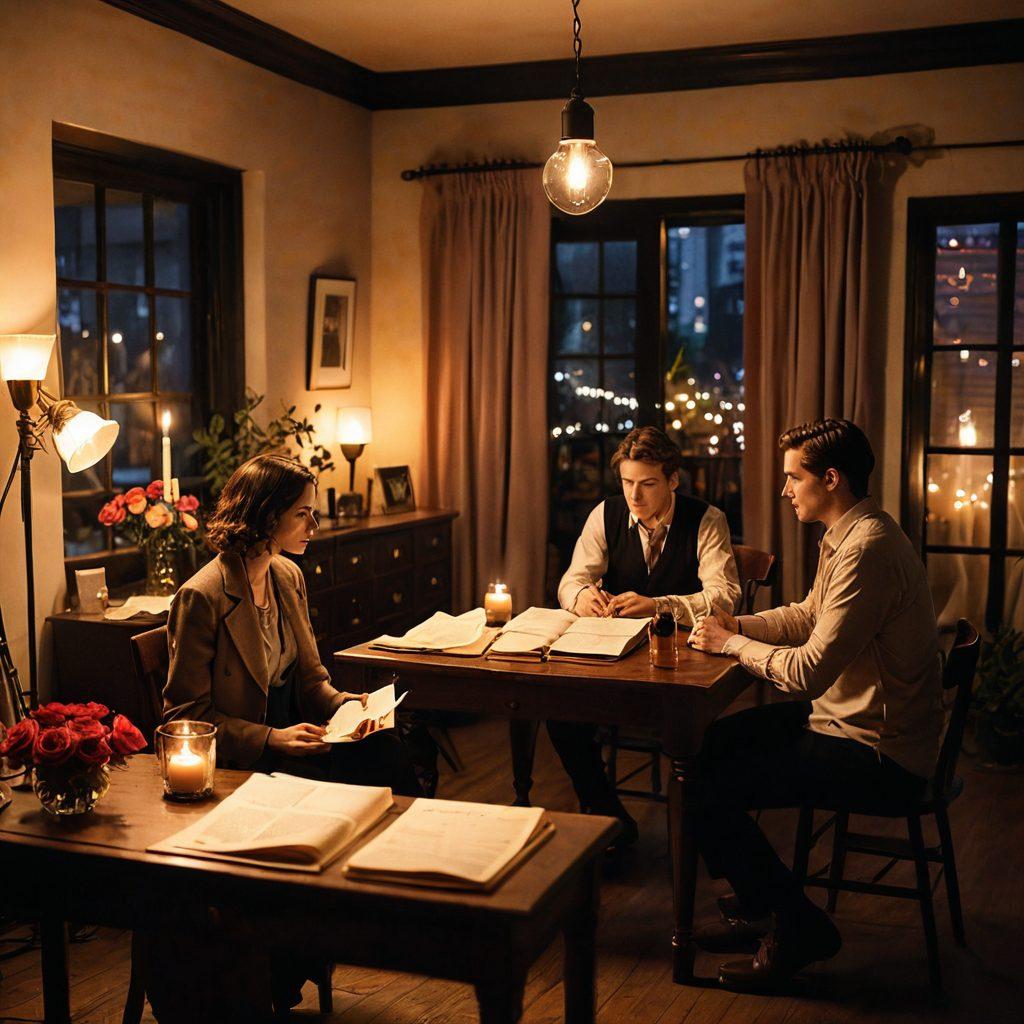 A cozy, intimate film set with a producer and director discussing a romantic scene, surrounded by scripts, love letters, and romantic props like roses and candles. Soft lighting casts a warm glow, creating an atmosphere of creativity and passion. Various film equipment is subtly included to enhance the behind-the-scenes feel. The backdrop features a stylish, modern set design suitable for a romantic movie. soft focus, warm colors, cinematic style.
