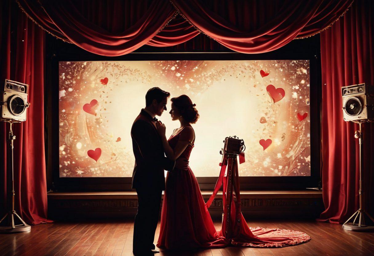 A vintage cinema screen displaying a romantic scene with a couple in an intimate embrace, surrounded by swirling hearts and film reels that enhance the love theme. The backdrop features soft, warm lighting reminiscent of classic films, with a red velvet curtain framing the screen. An aura of nostalgia and enchantment is created by adding sparkling stars in the background. vintage art style. vibrant colors.