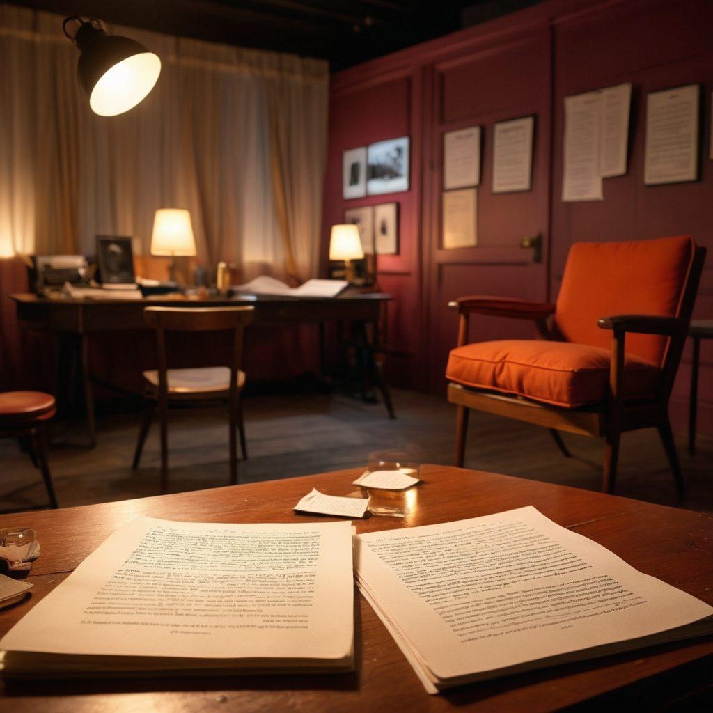 A split scene depicting a romantic screenplay script on one side, transforming into a vibrant movie scene filled with passionate actors under soft glowing lights on the other. Include classic elements like a director's chair, clapperboard, and a heart symbol subtly integrated into the background. Capture the essence of love and creativity in filmmaking with a warm, inviting color palette. cinematic art style. soft lighting. vibrant colors.